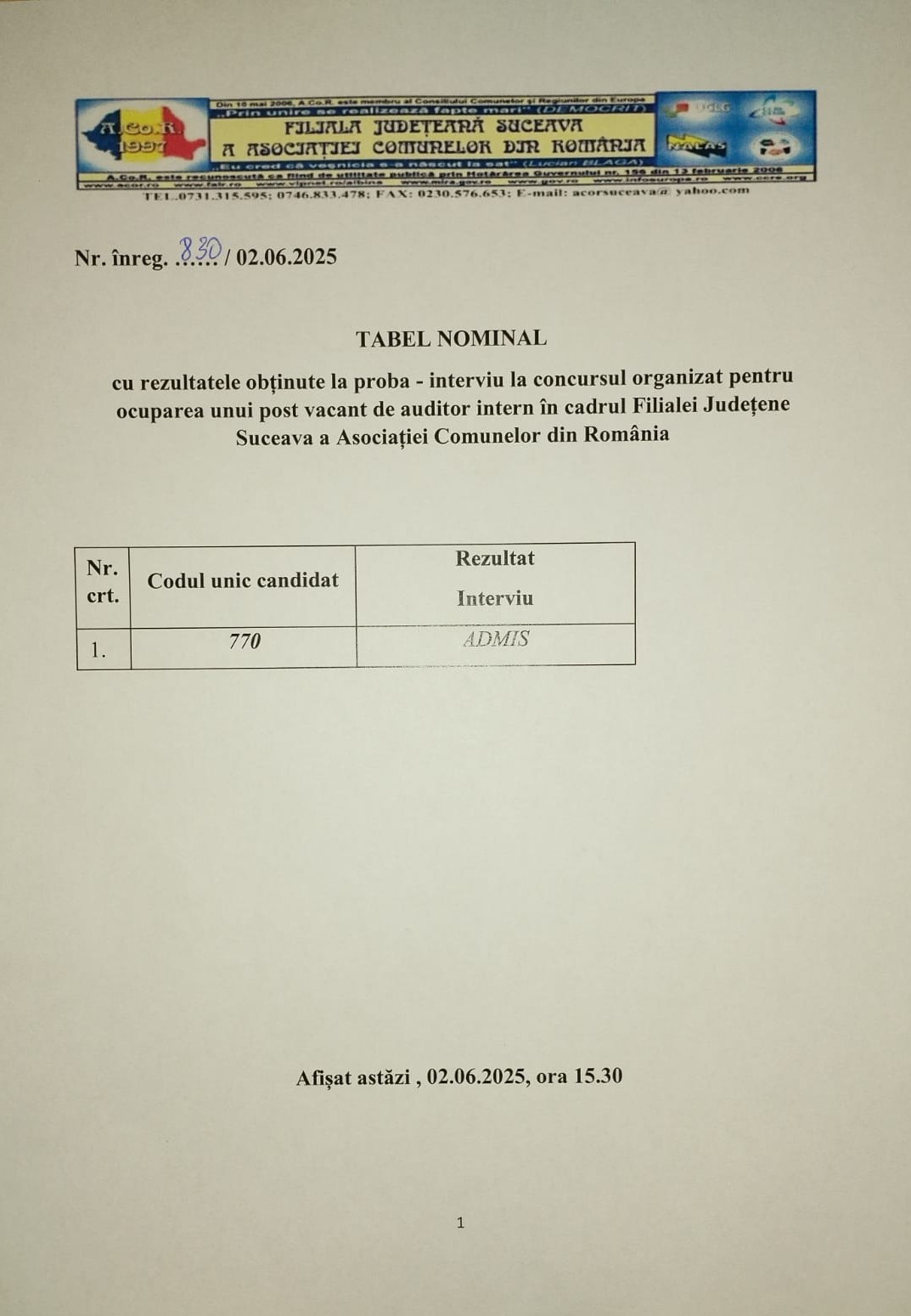 Rezultat probă interviu auditor intern