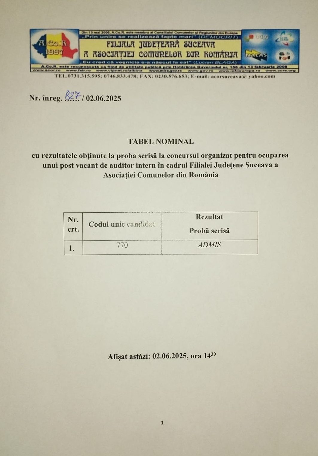 Rezultat proba scrisă auditor intern