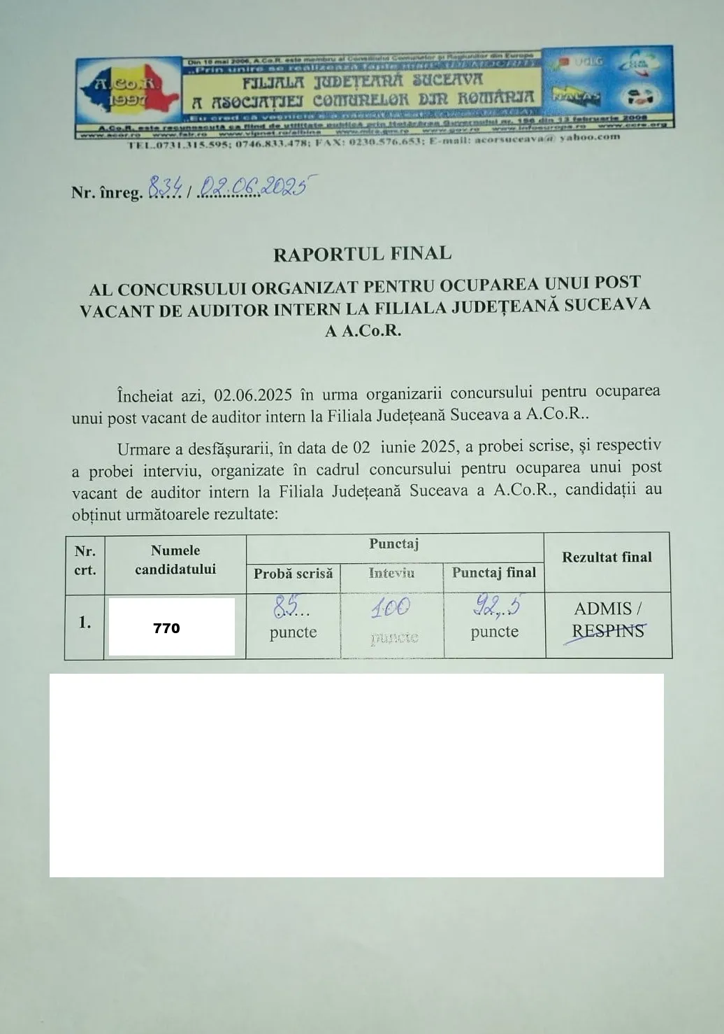 Raportul final al concursului auditor intern